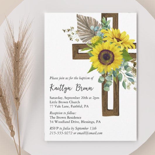 Invitation Tournesol Rustique Boho Boho Boisé Croix Baptême