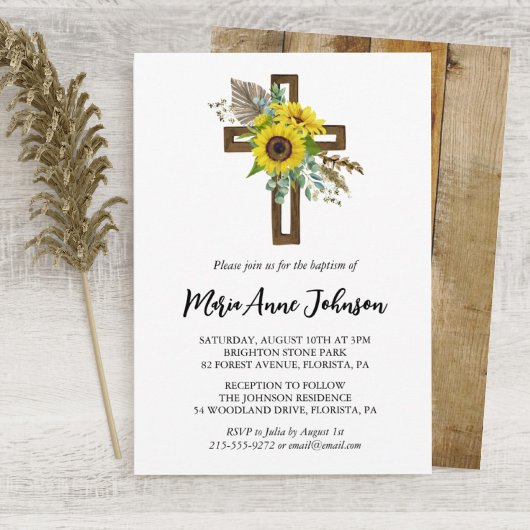 Invitation Tournesol Rustique Boho Boho Boisé Croix Baptême