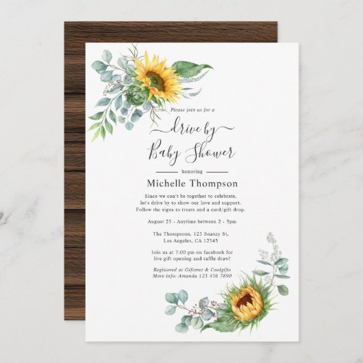 Invitation Tournesol Rustique Boho Eucalyptus Drive Par Douch (Devant / Derrière)