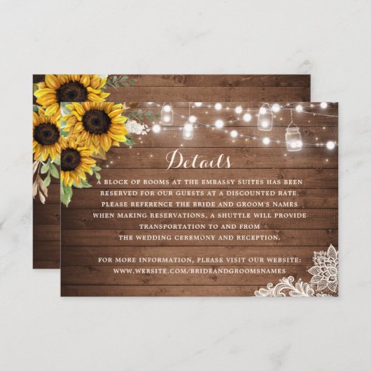 Invitation Tournesol rustique Bois Lumières Détails Insérer (Devant / Derrière)