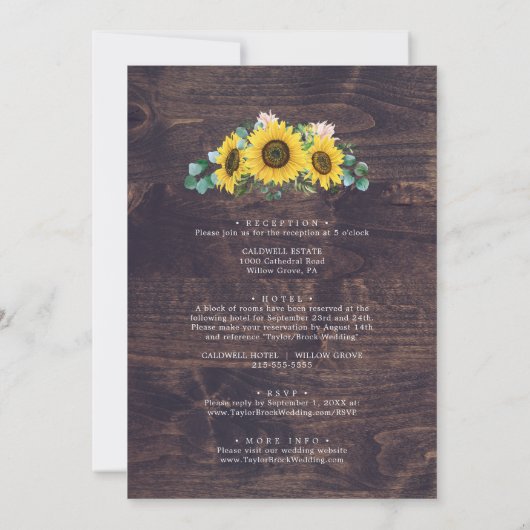 Invitation Tournesol rustique | Bois tout en un Mariage (Dos)