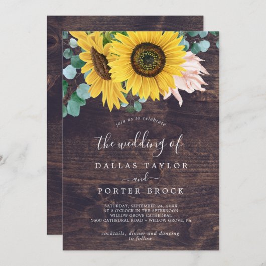 Invitation Tournesol rustique | Bois tout en un Mariage (Devant / Derrière)