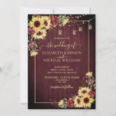 Invitation Tournesol rustique Bourgogne Bois Mariage Floral (Devant)