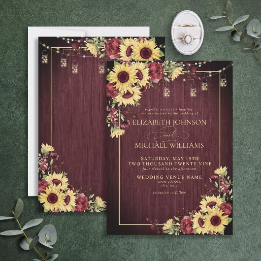 Invitation Tournesol rustique Bourgogne Mariage floral Invi