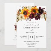 Invitation Tournesol Rustique & Bourgogne, Mariage Floral Vio (Devant / Derrière)