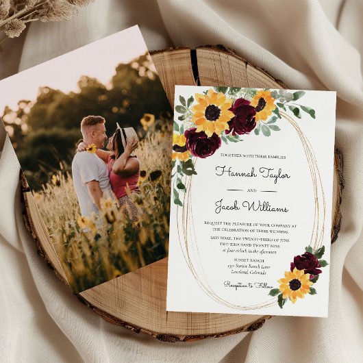 Invitation Tournesol rustique & Bourgogne Rose Mariage photo