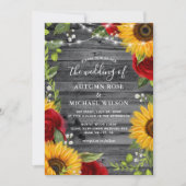 Invitation Tournesol rustique Bourgogne Rouge Rose Mariage (Devant)