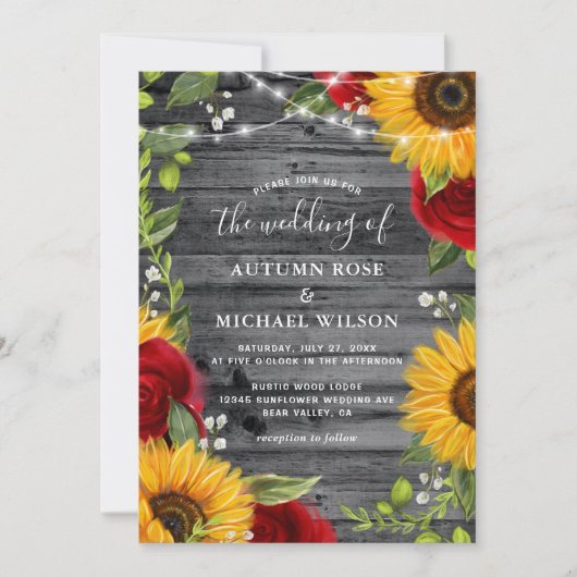 Invitation Tournesol rustique Bourgogne Rouge Rose Mariage (Devant)