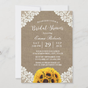 Invitation Tournesol Rustique Burlap Blanche dentelle Fête de
