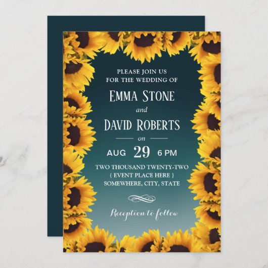 Invitation Tournesol Rustique Cadre Floral Mariage Turquoise (Devant / Derrière)