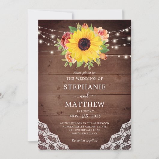 Invitation Tournesol Rustique Corail Floral Lumières Mariage (Devant)