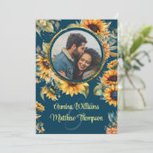 Invitation Tournesol rustique de campagne bleu marine Photo (Debout devant)