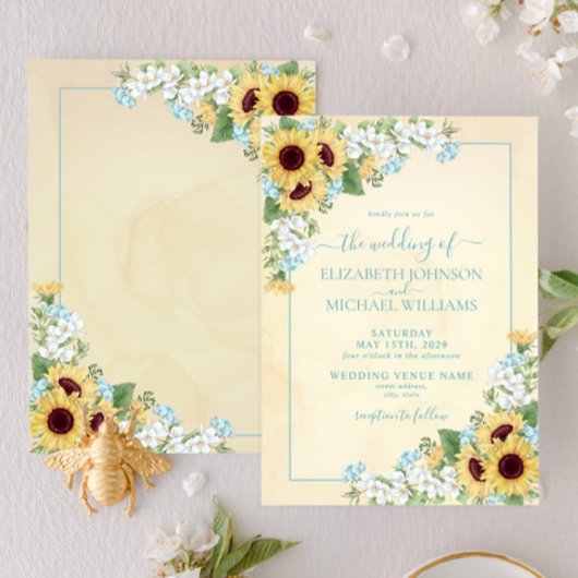 Invitation Tournesol rustique Dusty bleu Jaune Floral Mariage