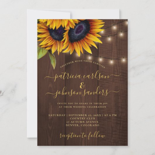 Invitation Tournesol rustique élégant script grange mariage e (Devant)