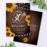 Invitation Tournesol rustique et lumières Surprise 30e annive<br><div class="desc">Ce design présente de jolis tournesols aquarelles peints sur un arrière - plan en bois rustique agrémenté de lampes à cordes. Cliquez sur le bouton personnaliser pour plus de flexibilité dans la modification du texte ou le déplacement des graphiques! Des variantes de cette conception ainsi que des produits de coordination...</div>