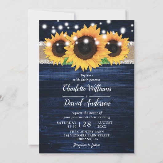 Invitation Tournesol rustique et mariage bleu marine Invitati (Devant)