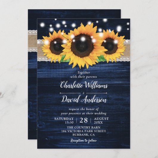 Invitation Tournesol rustique et mariage bleu marine Invitati (Devant / Derrière)