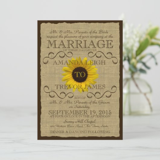 Invitation Tournesol rustique et Mariage Burlap (Debout devant)