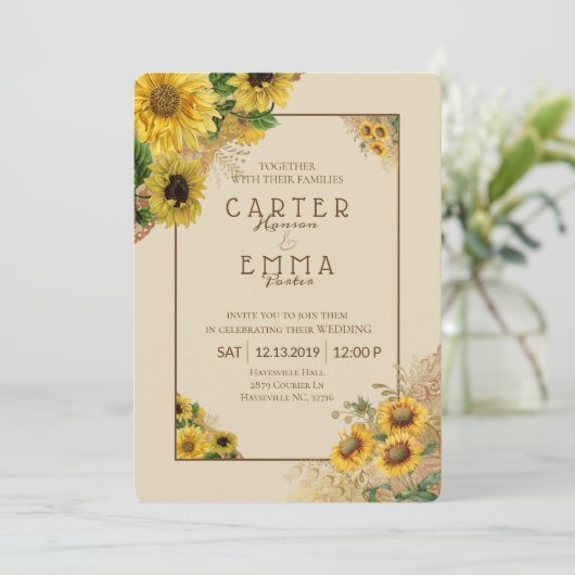 Invitation Tournesol rustique et Mariage campagnard beige den (Debout devant)