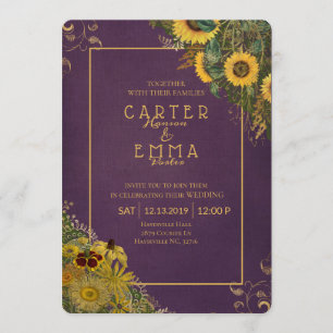 Invitation Tournesol rustique et Mariage campagnard pourpre d