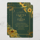 Invitation Tournesol rustique et Mariage campagnard vert dent (Devant / Derrière)