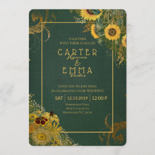 Invitation Tournesol rustique et Mariage campagnard vert dent