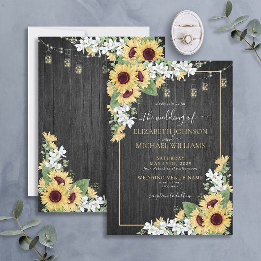 Invitation Tournesol rustique et Mariage de fleurs de bois gr