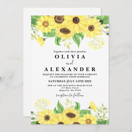Invitation Tournesol Rustique et mariage élégant (Devant / Derrière)