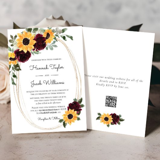 Invitation Tournesol rustique et Rose Mariage de code QR