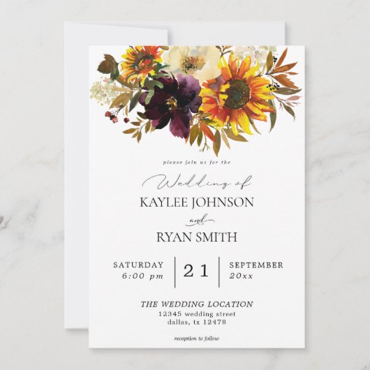 Invitation Tournesol rustique et violet violet Mariage floral (Devant)