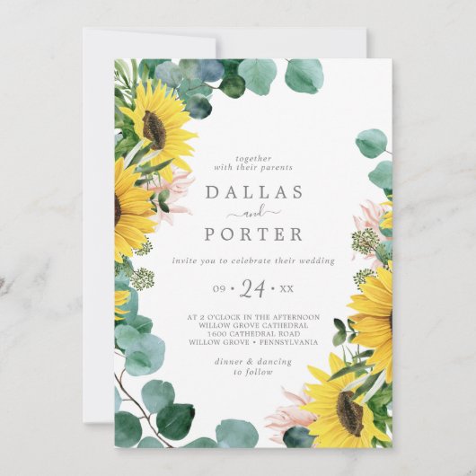 Invitation Tournesol Rustique Eucalyptus Mariage Décontracté (Devant)