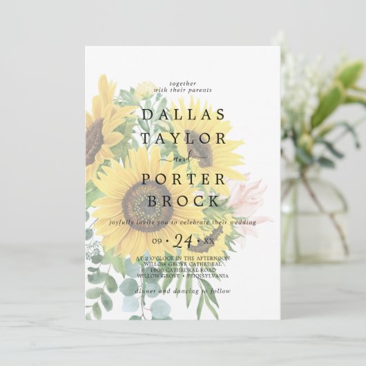 Invitation Tournesol rustique Eucalyptus Mariage défraîchi (Debout devant)