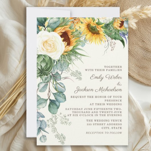 Invitation Tournesol rustique Eucalyptus White Roses Mariage