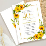 Invitation Tournesol rustique fête de 40e anniversaire<br><div class="desc">Joli tournesol jaune floral 40e anniversaire invitation fête. Les tourbières jaunes et les marguerites blanches se mêlent aux tournesols. Un cadre en or rectangulaire lui donne une ambiance élégante. La célébration du 40e anniversaire et le nom du célébrant sont écrits en or. Très facile à customiser. Ce dos est blanc...</div>