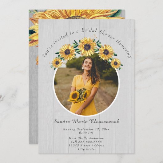 Invitation Tournesol rustique Fête des mariées Mariage en boi (Devant / Derrière)