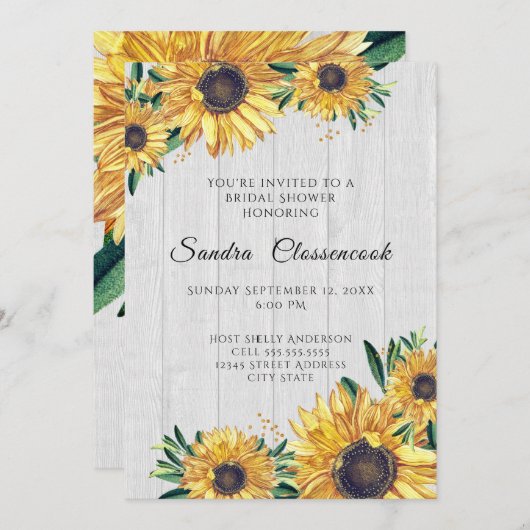 Invitation Tournesol rustique Fête des mariées Mariage en boi (Devant / Derrière)