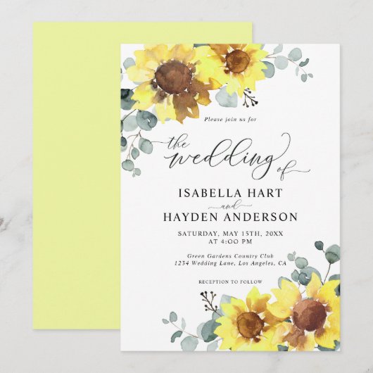Invitation Tournesol Rustique Floral Eucalyptus Jaune Mariage (Devant / Derrière)