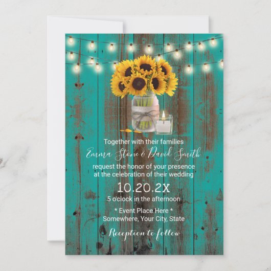 Invitation Tournesol Rustique Floral Jar Turquoise Grange Mar (Devant)