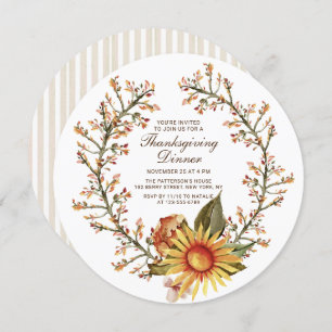 Invitation Tournesol Rustique Floral Wreath Thanksgiving Dîne