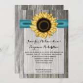 Invitation Tournesol rustique Grange Bois Turquoise Ruban (Devant / Derrière)