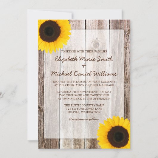 Invitation Tournesol Rustique Grange Mariage en bois (Devant)