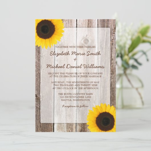 Invitation Tournesol Rustique Grange Mariage en bois (Debout devant)