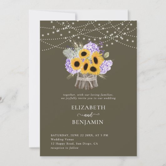 Invitation Tournesol Rustique Hydrangea Élégant Mariage class (Devant)