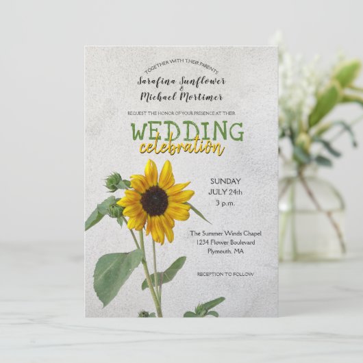 Invitation Tournesol rustique / Jaune & Mariage vert (Debout devant)