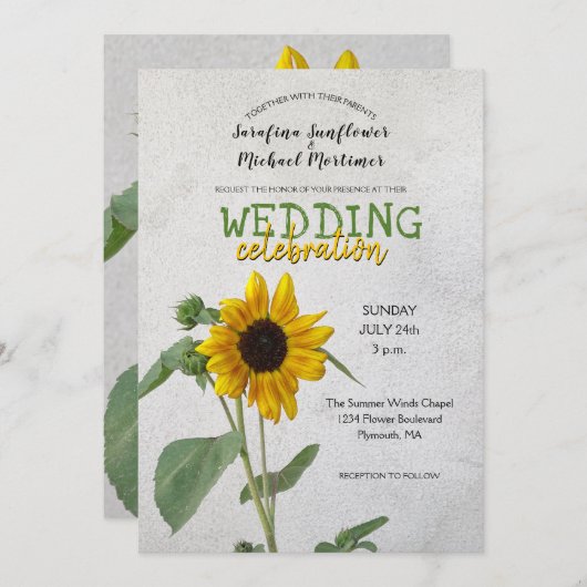 Invitation Tournesol rustique / Jaune & Mariage vert (Devant / Derrière)