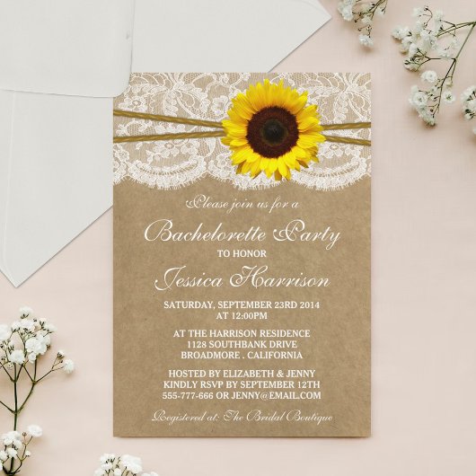 Invitation Tournesol Rustique Kraft, dentelle & Twine Bachelo