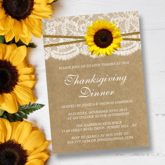 Invitation Tournesol Rustique Kraft & Dîner Thanksgiving de d