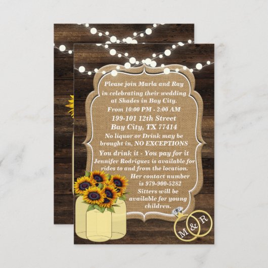 Invitation Tournesol rustique Lumière en bois Mariage Inserti (Devant / Derrière)