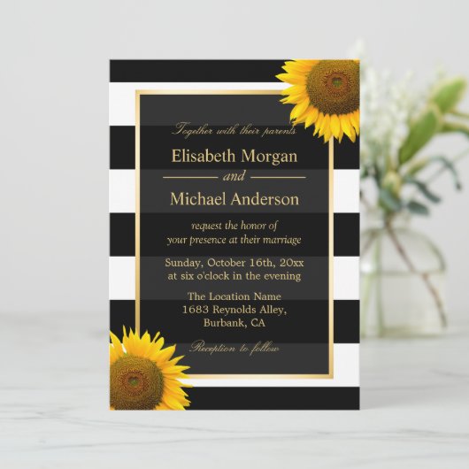 Invitation Tournesol rustique Mariage à rayures noir et blanc (Debout devant)