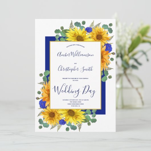 Invitation Tournesol Rustique Mariage campagnard Royal Bleu R (Debout devant)